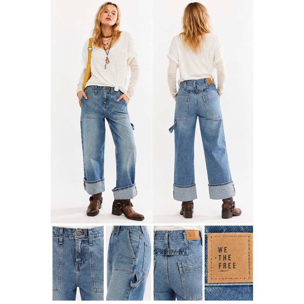 We The Free People Major Leagues Wide Buckle Mid Rise Cuffed Carpenter Jeans 30